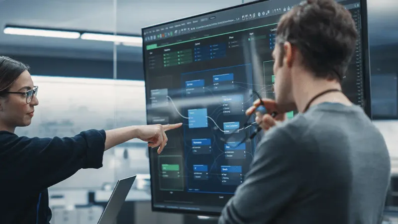 Two engineers reviewing a data flow diagram on a large screen