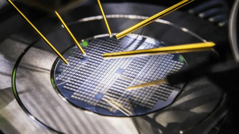 Silicon wafer under test probes on semiconductor fabrication equipment